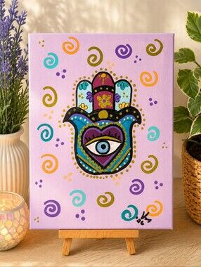 Hand-Painted Hamsa Canvas Art w/ Good Luck Eye | Signed Original Mixed Media